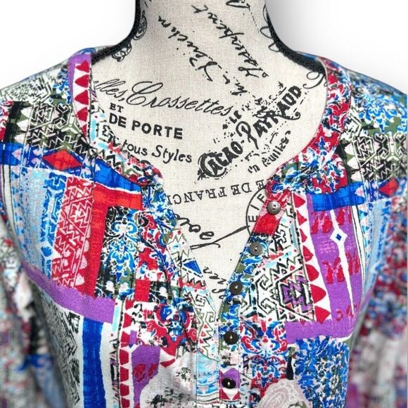 Kate Park PL Gray Cream Blue Boho Patchwork Tunic Top Artsy Retro Festival Chic - Picture 7 of 12